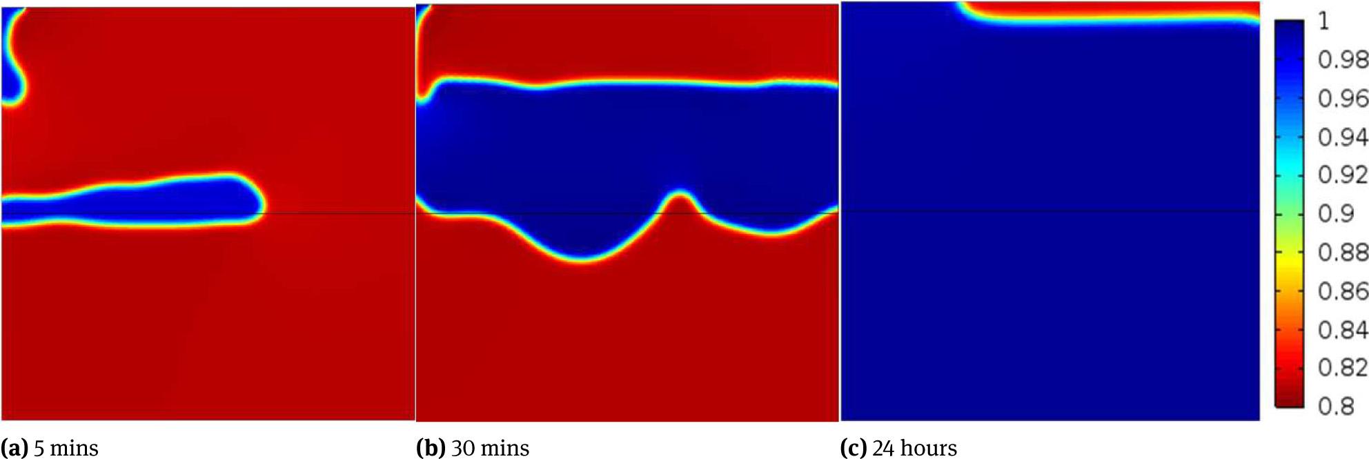 Figure 5 Fluid saturation at different times in numrical simulation of water-wet model