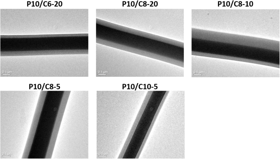 Figure 5 TEM images of various coaxial PVA/chitosan (as core/shell) nanofibers. (Scale bar = 0.1 μm)