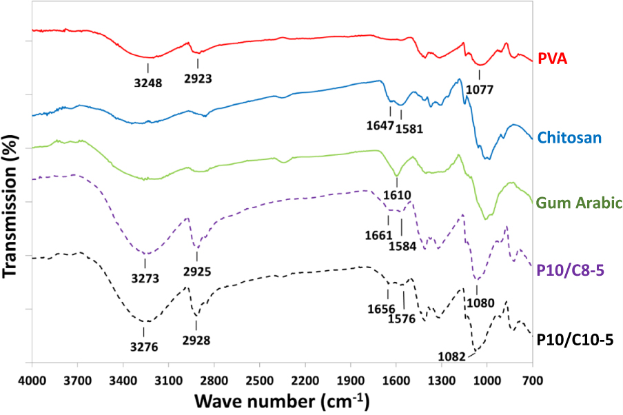 Figure 6 FT-IR spectra of PVA, chitosan, gum arabic, coaxial P10/C8-5 nanofiber membranes, and coaxial P10/C10-5 nanofiber membranes.