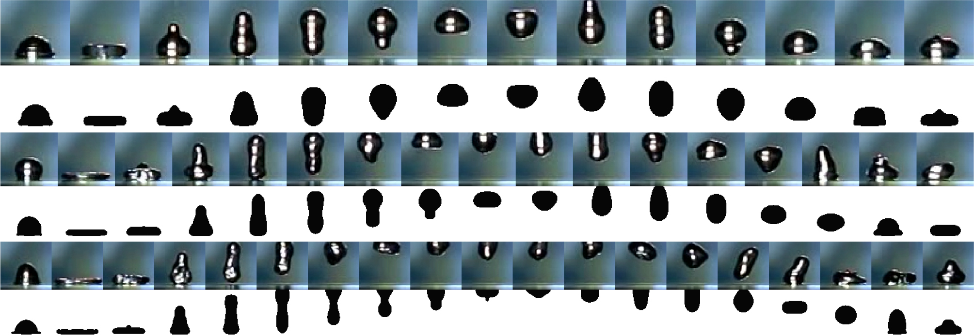 Figure 4 Sequential images of experimental drops (upper rows) and simulated drops (lower rows) captured every 5 ms for We = 7 (top), We = 15 (middle), and We = 23 (bottom).