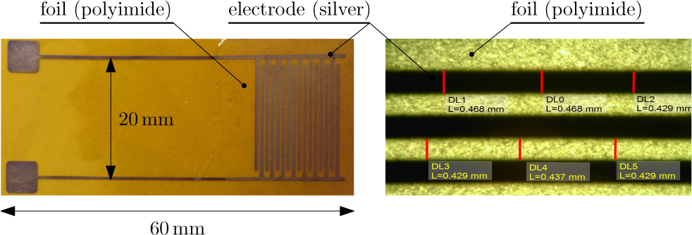 Figure 3 First prototype of flexible electroadhesive foil fabricated by AJP (left figure shows fabricated foil, right figure shows details captured by microscope)