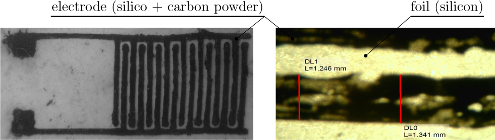 Figure 4 First prototype of elastic electroadhesive foil (left figure shows fabricated foil, right figure shows details captured by microscope)
