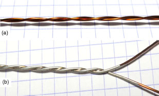 Figure 1 Standard twisted pair (a) and another one covered with a thin layer of silver conducting paint (b)
