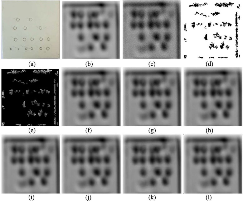 Figure 4 Denoising results of Al2O3 ceramic: (a) optical image; (b) THz image; (c) Noised THz image; (d) edge image; (e) non-edge image; denoised images by (f) Donoho threshold; (g) Generalized wavelet threshold; (h) fourth-order partial differential; (i) adaptive thresholding; (j) Bayes thresholding;(k) BM3D; (l) our proposed approach