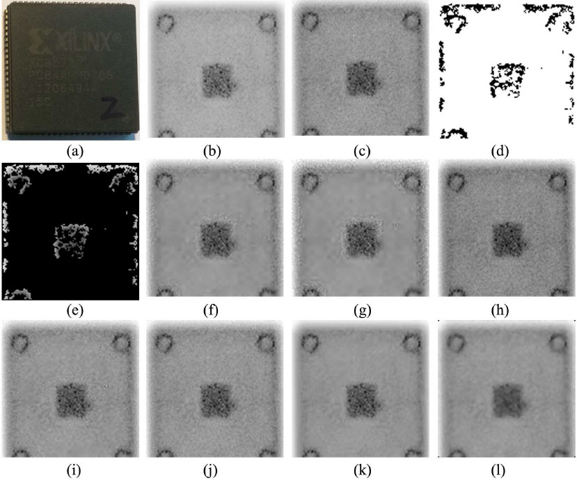 Figure 5 Various results of plastic encapsulated IC chip: (a) optical image; (b) THz image; (c) Noised THz image; (d) edge image; (e) nonedge
image; denoised images by (f) Donoho threshold; (g) Generalized wavelet threshold; (h) fourth-order partial differential; (i) adaptive thresholding; (j) Bayes thresholding; (k) BM3D; (l) our proposed approach