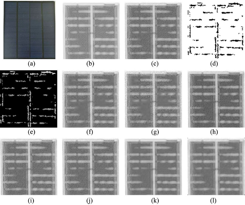 Figure 6 Various results of solar panel: (a) optical image; (b) THz image; (c) Noised THz image; (d) edge image; (e) non-edge image; denoised
images by (f) Donoho threshold; (g) Generalized wavelet threshold; (h) fourth-order partial differential; (i) adaptive thresholding; (j) Bayes thresholding; (k) BM3D; (l) our proposed approach