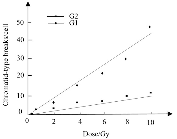 Figure 2 Dose effect relationship between G1 and G2 chromatid breakage