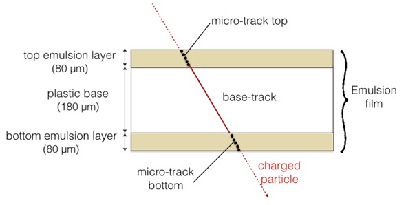 Figure 1 Scheme of a nuclear emulsion film of new generation. A sequence of aligned clusters in top and bottom layers of the emulsion form micro-tracks. Aligned top and bottom micro-tracks form base-tracks.