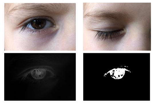 Figure 8 Eye-blink detection by means of difference images. top left: opened eye, top right: closed eye, bottom left: difference image, bottom right: thresholded difference image