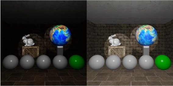 Figure 3 Example of lighting calculations final image. On the left is original image texture stored in P-Buffer, on the right is the same image with gamma correction applied