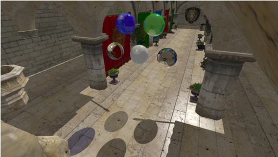Figure 7 Image of the first test scene – Sponza with multiple reflective and refractive spheres. Note that due to heuristic decisions shadows of objects that are further away are not rendered