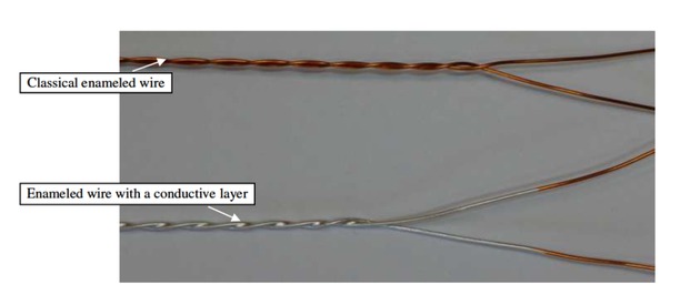 Figure 3 Standard twisted pair and another one covered with a thin layer of silver conductive paint.