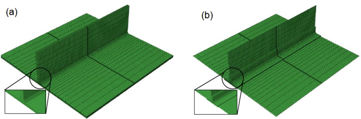 Figure 4 Finite element for small-scale T-joint model: (a) full 3D model and (b) shell/3D model