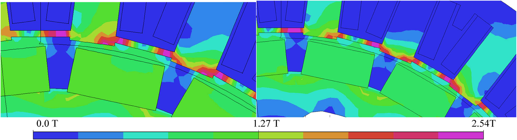 Figure 9 
                  Comparison of the moduli of the magnetic flux density between the no-load and full-load cases for the variant with magnetic wedges.
               