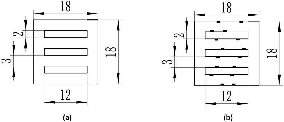 Figure 2 
                  Designed microchannel: (a) without geometry error and (b) with geometry error.
               