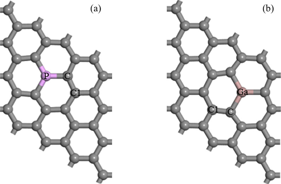 Figure 2 
                  P-doped (a) and Ga-doped (b) graphene model.
               