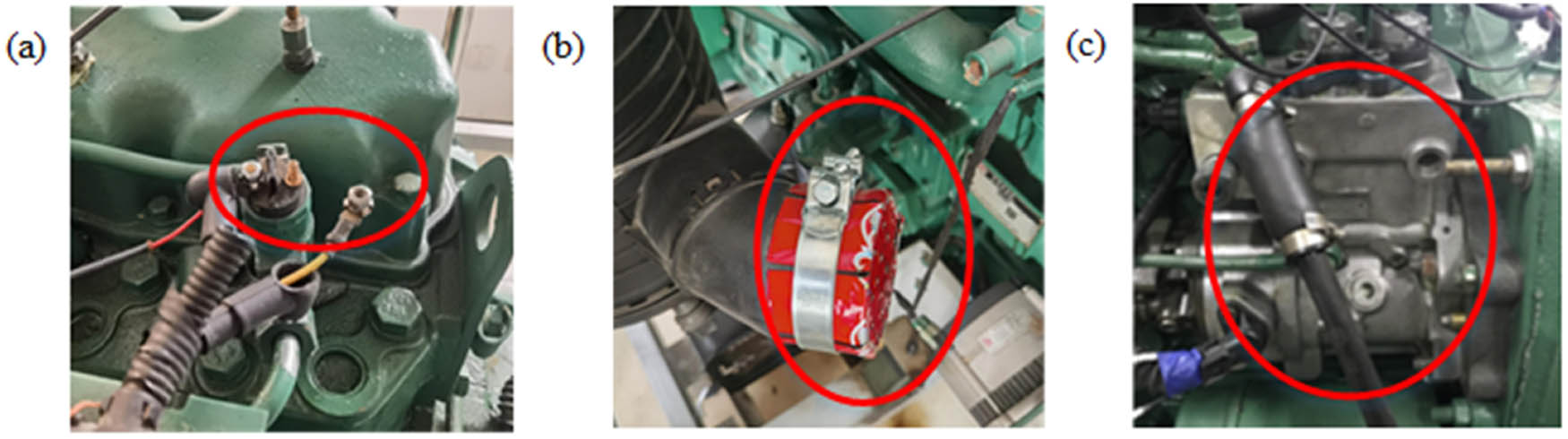Figure 9
(a) Disconnect the startup power cord; (b) install the metal cover; and (c) replace the defective fuel injection pump.