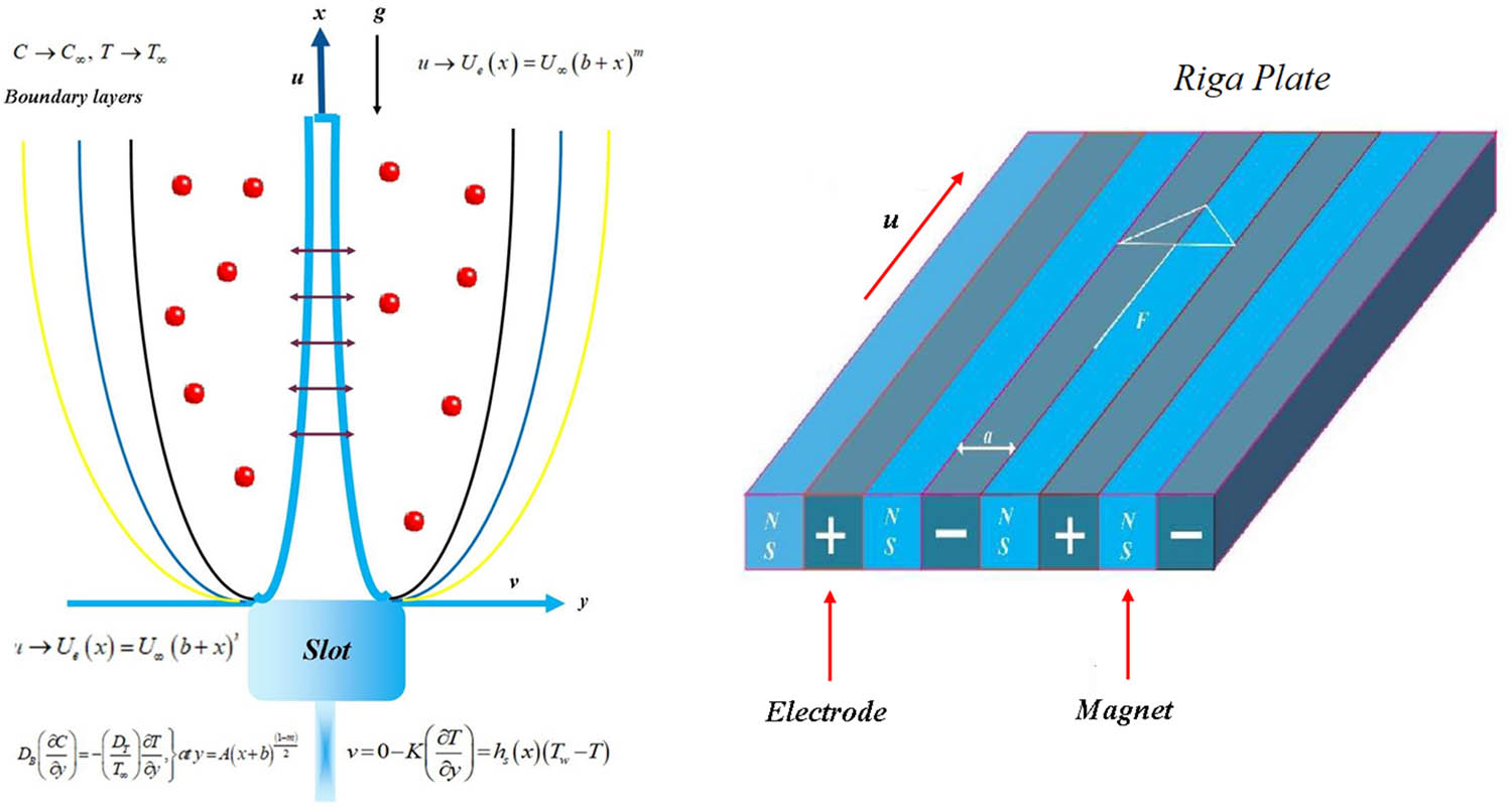 Figure 1 
               Physical illustration of stretching sheet and Riga plate.
            