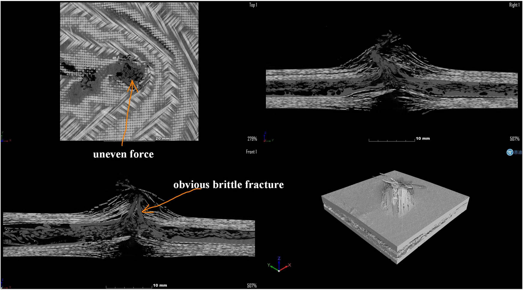 Figure 39 
                        Four-view CT for the N-8/3D composite structure.
                     