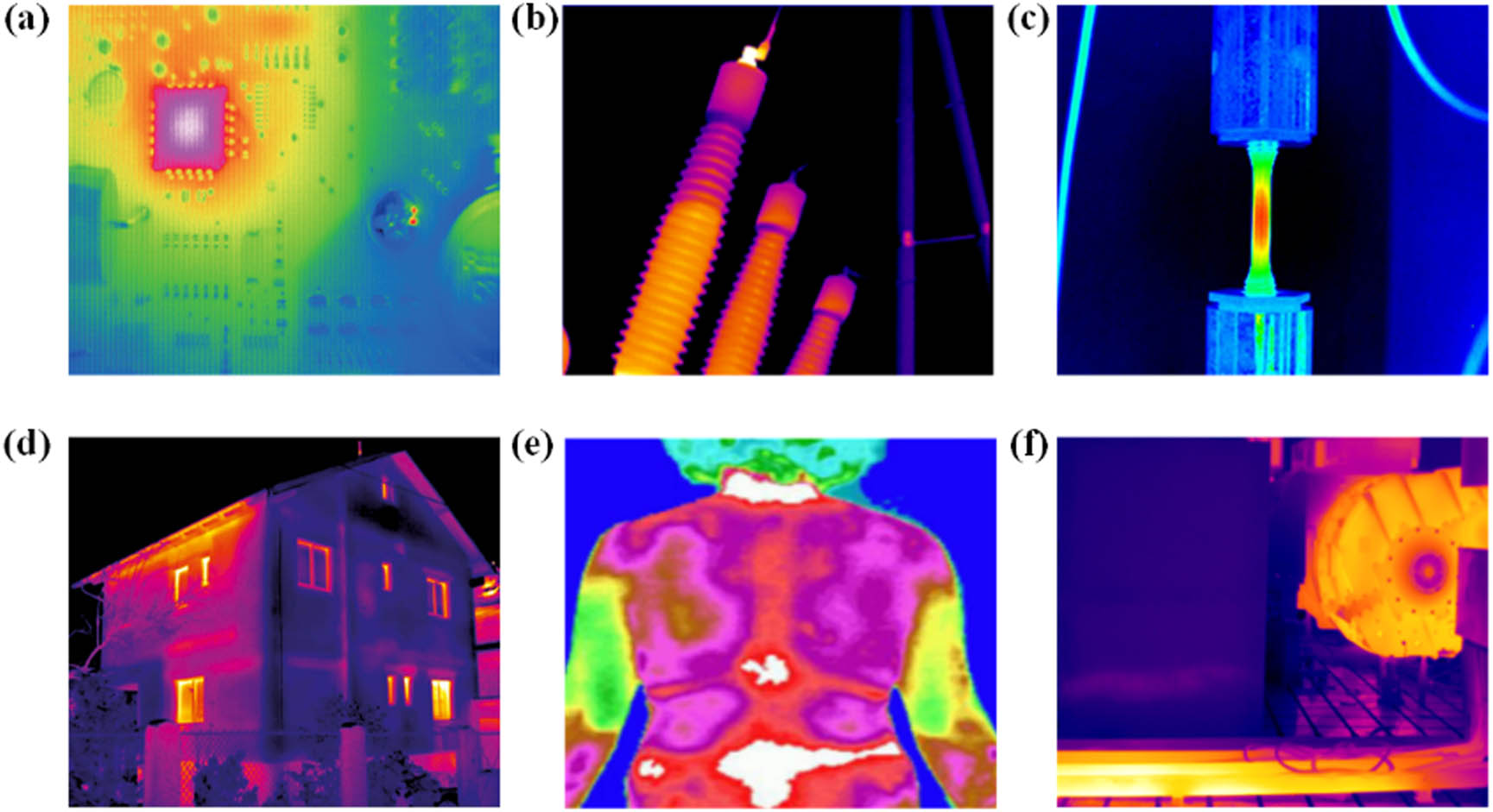 Figure 2 
               Related IRT application scenarios: (a) Defect detection of chips, (b) power facility troubleshooting, (c) evaluation of material extrusion fatigue, (d) inspection of building structure and internal facilities, (e) lumbar intervertebral disc examination in medical field, and (f) condition monitoring of the wind turbine gearbox.
            