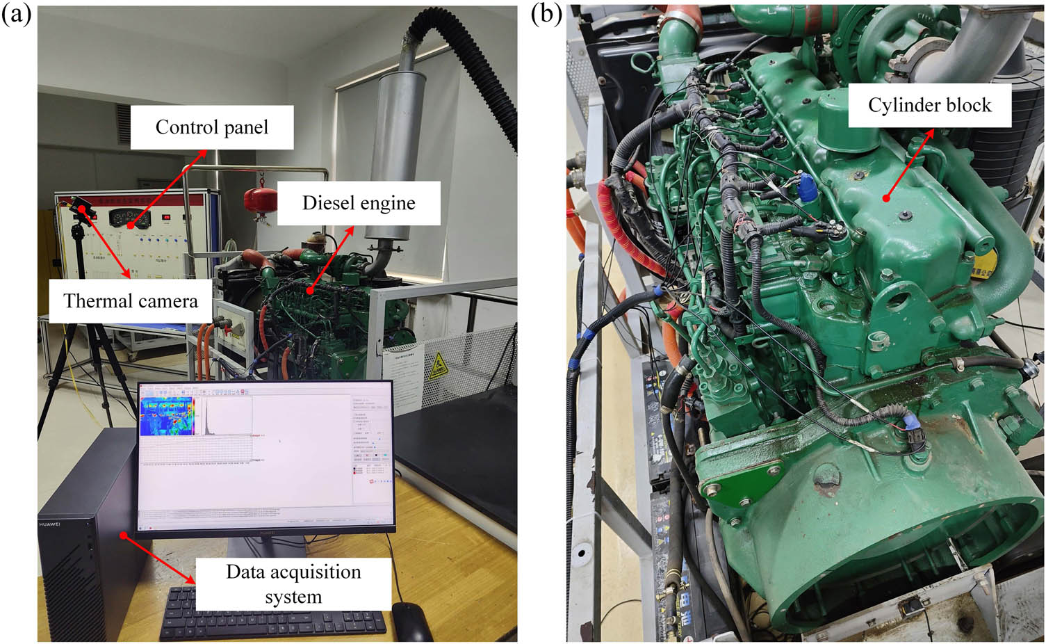 Figure 9 
                  (a) IRT-based diesel engine condition monitoring system; (b) diesel engine test bench.
               