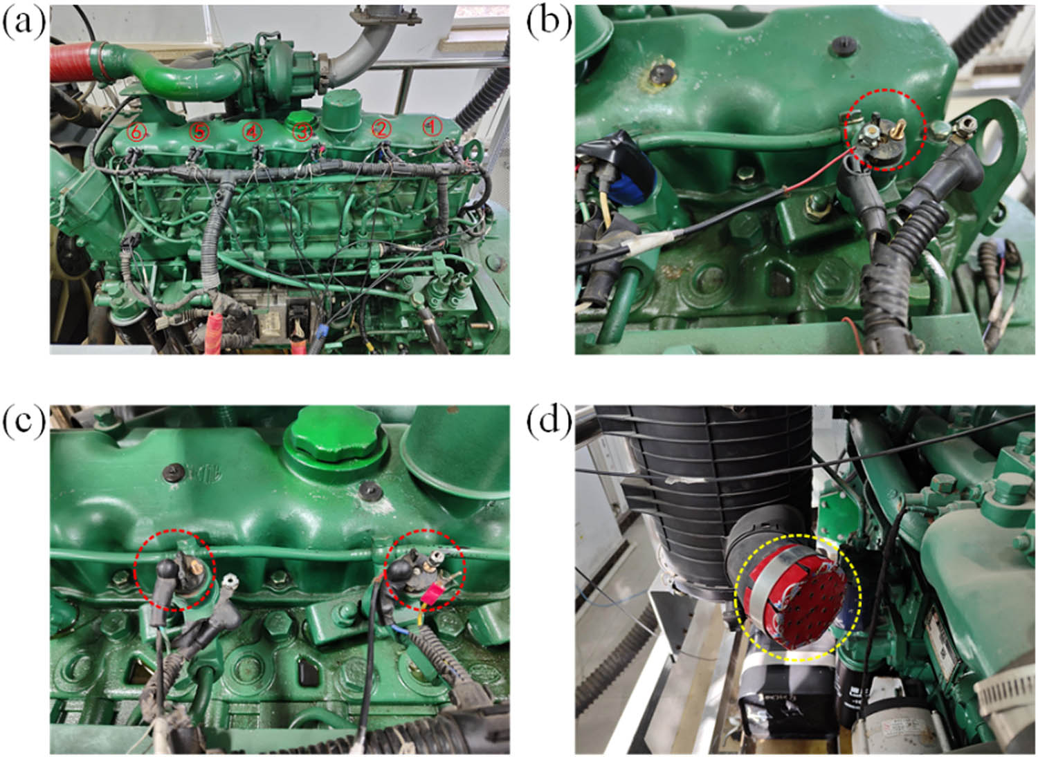 Figure 10 
                  (a) NC, ①–⑥ are the six cylinders, respectively, (b) SCM, (c) MCM, (d) AFB.
               