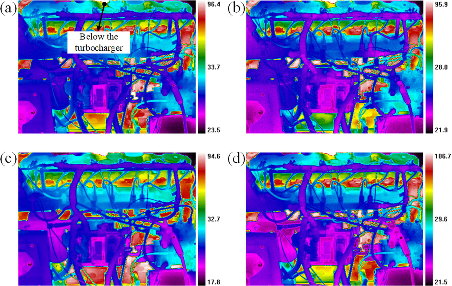 Figure 13 
                  Infrared images of the diesel engine: (a) NC, (b) SCM, (c) MCM, (d) AFB.
               