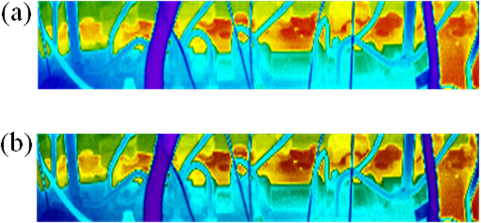 Figure 15 
                  (a) ROI of infrared images under NC; (b) ROI of infrared images under NC after image enhancement.
               