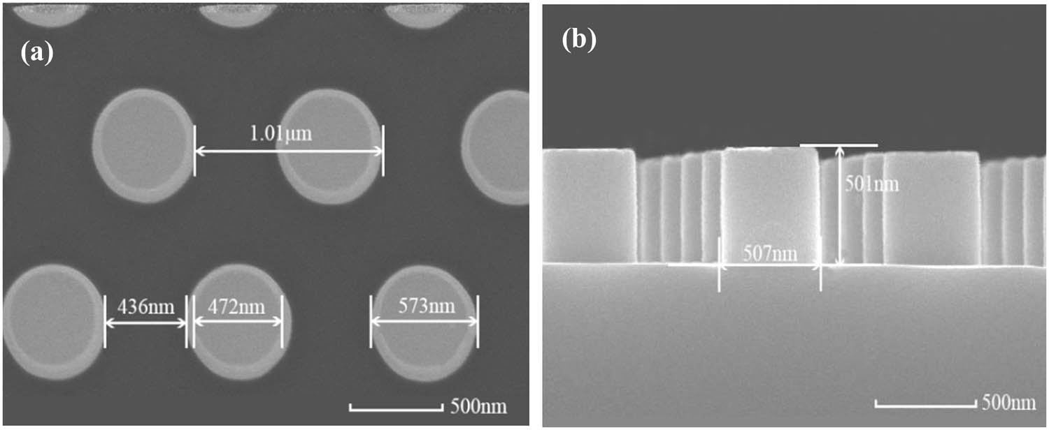 Figure 2 
                  (a) Overhead and (b) cross-sectional SEM micrographs of nanostructured surface.
               