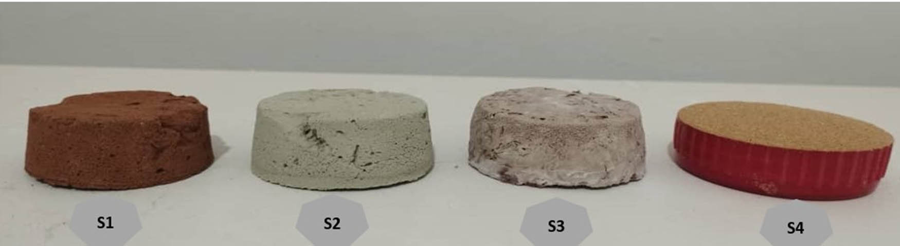 Figure 2
Photos showing the studied samples ) S1 = red clay, S2 = green clay, S3 = white clay, S4= sand).