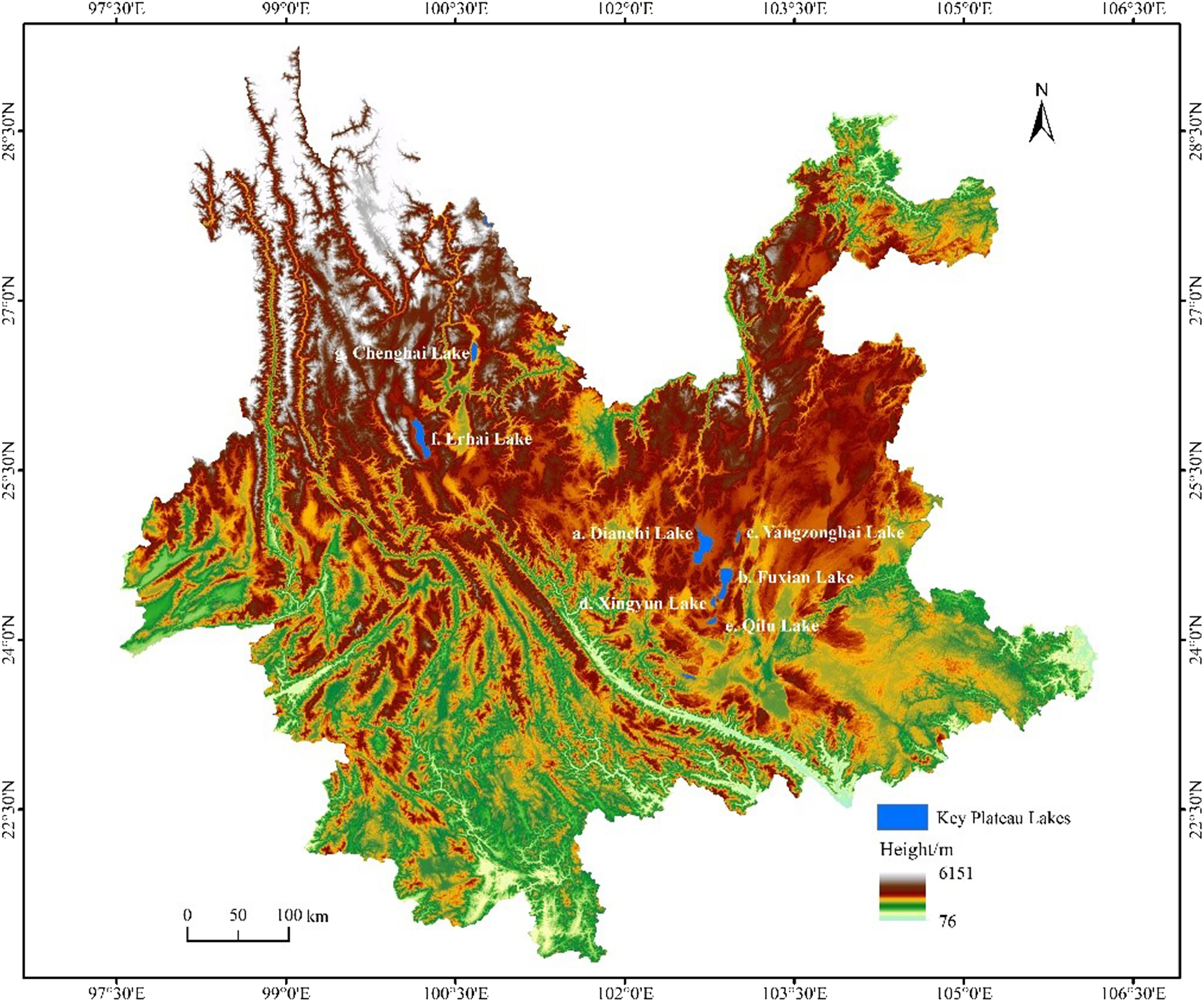 Figure 1:
Location of the key plateau lakes in Yunnan province: a. Dianchi lake, b. Fuxian lake, c. Yangzonghai lake, d. Xingyun lake, e. Qilu lake, f. Erhai lake, g. Chenghai lake.
