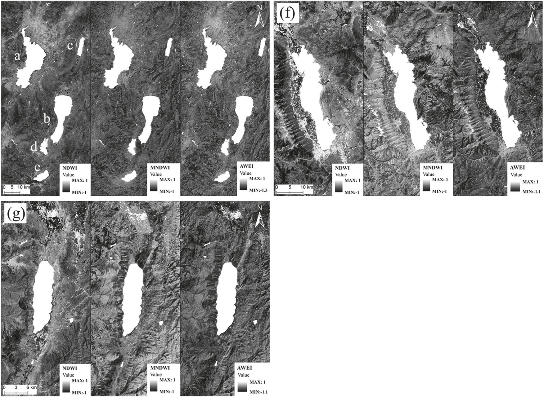 Figure 2:
Water index results of the key plateau lakes in Yunnan province from Landsat 8–9 images: a. Dianchi lake, b. Fuxian lake, c. Yangzonghai lake, d. Xingyun lake, e. Qilu lake, f. Erhai lake, g. Chenghai lake.