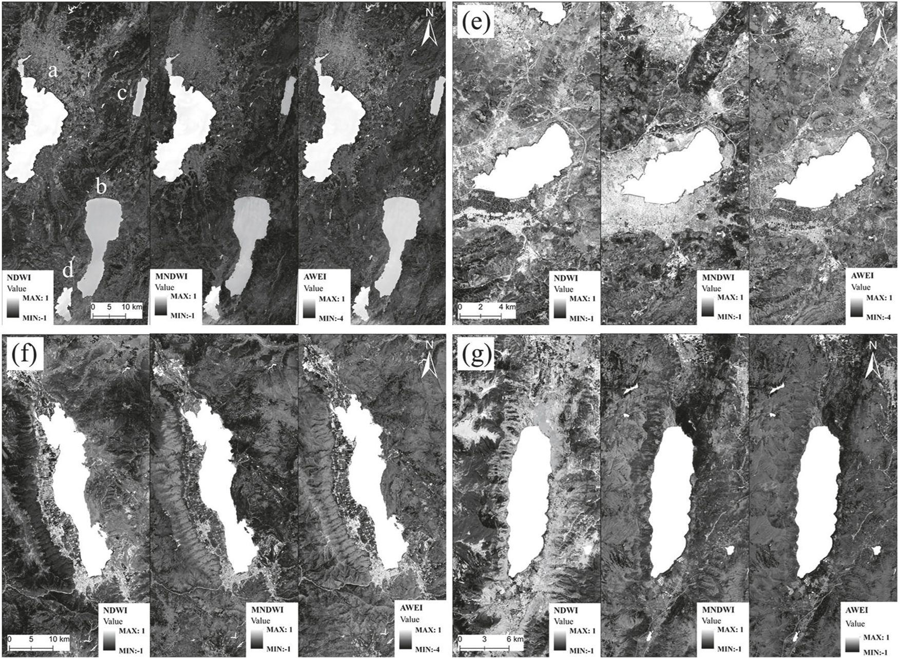Figure 3:
Water index results of the key plateau lakes in Yunnan province from Sentinel-2 images: a. Dianchi lake, b. Fuxian lake, c. Yangzonghai lake, d. Xingyun lake, e. Qilu lake, f. Erhai lake, g. Chenghai lake.