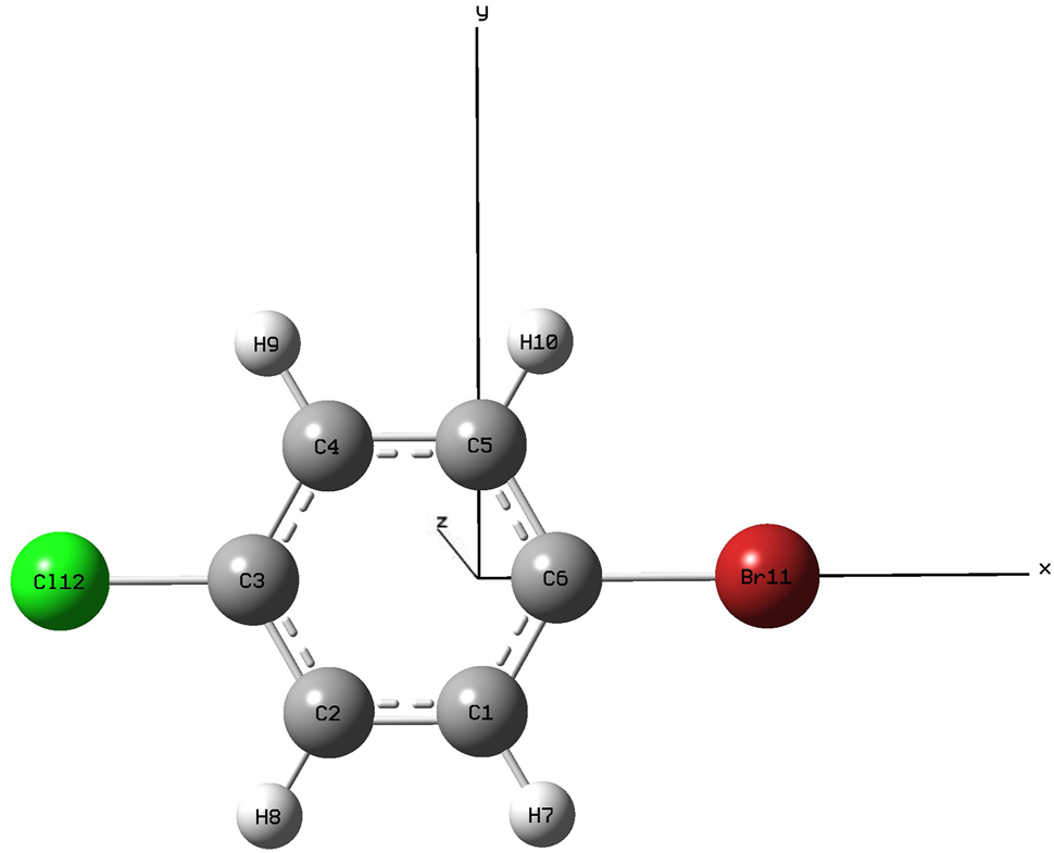 Figure 1: 
Stable structure of 1-Bromo-4-chlorobenzene molecule without external electric field (DFT B3LYP 6-311G(d,p)basis, 6C–11Br bond length is 1.91609 Å, 3C–12Cl bond length is 1.75736 Å, energy is −3265.471570 a.u.).
