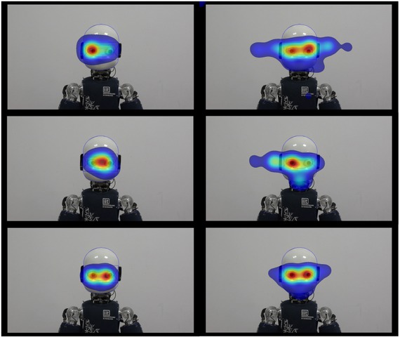 Figure 4 Fixation heat maps for each rTT condition across the experiment. On the left: trial onset until head movement; on the right: head movement until the end of the trial).