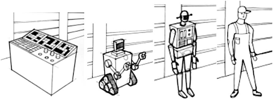 Figure 1 
                  The four linesmen from Malle et al. that we transport to our video clips (left to right): AI, mechanical, humanoid, and human.
               