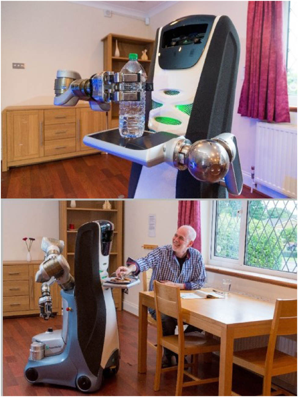 Figure 1 
               Illustration of Care-O-bot3® operating in the UH Robot House. Photography by Pete Stevens, www.creativeempathy.com.
            