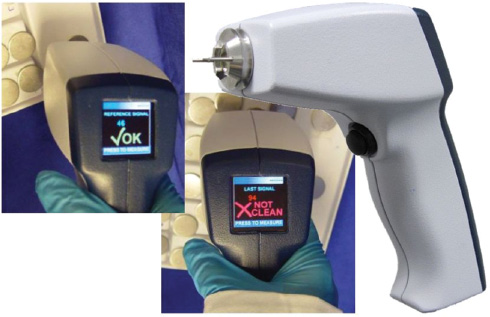 Figure 9 Demonstrator of the handheld fluorescence-optical non-contact sensor for rapid cleaning validation of surfaces.
