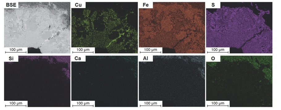 Figure 4 Slag piece 2, SEM/EDS elemental distribution map of a copper-containing inclusion in the ore.
Bild 4: Schlackenstück 2, REM-EDX Elementverteilung eines kupferhaltigen Erzeinschlusses.