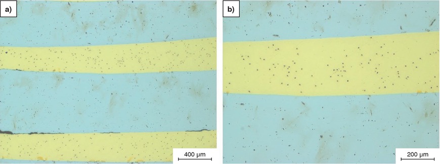 Figures 2a and b Diamond grains pressed into the gold (prior to final polishing using 1 μm diamond suspension).Bilder 2a und b: Diamantkörner in Gold eingedrückt (vor der Endpolitur mit 1 μm Diamantsuspension).
