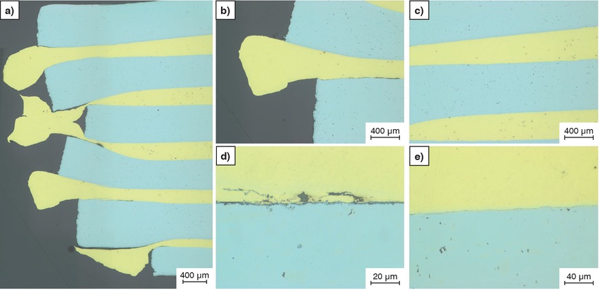 Figures 3a to e Polished Au-steel composite (LOM). (a) Overview, (b–e) details.Bilder 3a bis e: Polierter Au-Stahl-Verbund (LOM). (a) Übersicht, (b–e) Details.