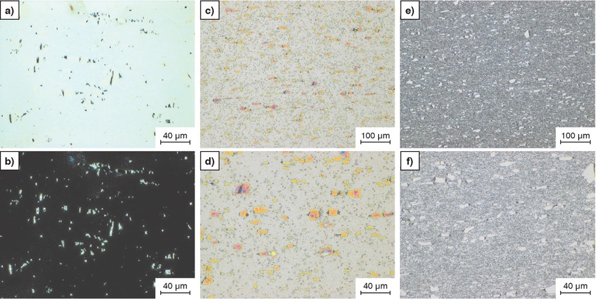 Figures 4a to f Steel with broken carbides and their distribution and size (LOM): (a, b) polished, (c, d) Murakami, (e, f) 3 % Nital etching.Bilder 4a bis f: Stahl mit gebrochenen Karbiden, deren Verteilung und Größe (LOM): (a, b) poliert, (c, d) Murakami, (e ,f) 3 % Nital Ätzung.