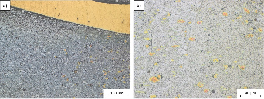 Figures 5a and b Au-steel composite: (a, b) Murakami and KJ-J2 etching (LOM).Bilder 5a und b: Au-Stahl-Verbund: (a, b) Murakami und KJ-J2 geätzt (LOM).