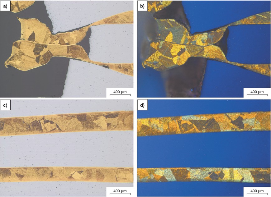 Figures 7a to d KCN-H2O2 etchings in the LOM: (a, c) bright field, (b, d) polarized light.Bilder 7a bis d: KCN-H2O2 Ätzungen im LOM: (a, c) Hellfeld, (b, d) polarisiertes Licht.
