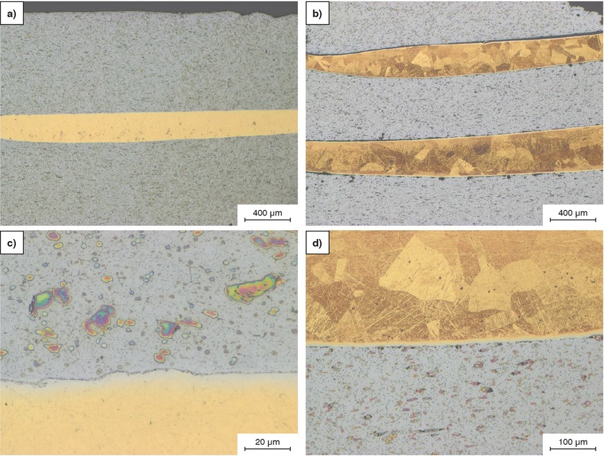 Figures 8a to d Gold-steel interface: (a, b) Murakami etching. (c, d) Murakami and KCN-H2O2, 3 min.Bilder 8a bis d: Gold-Stahl Grenzschicht: (a, b) Murakami Ätzung. (c, d) Murakami und KCN-H2O2, 3 min.
