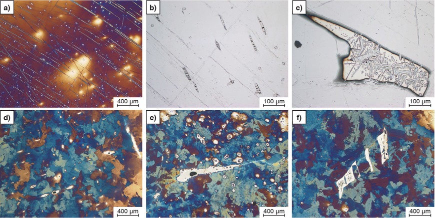 Figures 2a to f Changes in the meteorite structure induced by annealing at 1000 °C. a–c) Meteorite microstructure, d–f) microstructure after annealing, a, d) kamacite matrix, b, e) schreibersite in kamacite, c, f) plessite in kamacite a, d, e, f) Klemm etching, b, c) Nital etching.
Bilder 2 a bis f: Veränderungen im Meteoritengefüge durch Glühen bei 1000 °C. a–c) Meteoritengefüge, d–f) Gefüge nach der Glühung, a, d) Matrix aus Kamacit, b, e) Schreibersit in Kamacit, c, f) Plessit in Kamacit. a, d, e, f) Klemm Ätzung, b, c) Nital Ätzung.
