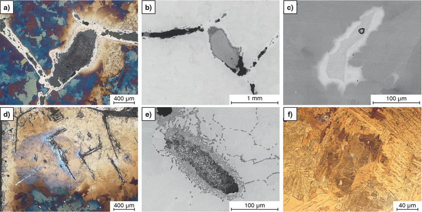 Figures 3a to f Microstructure after annealing at 1000 °C. a, b) Complex distribution of inclusions in the LOM a) and SEM b); c) schreibersite with fringe; d, e) complex microstructure in the edge area of the sample; f) hypoeutectoid Fe-C structure, mainly bainite; a, e, f) Klemm etching, LOM; b–d) SEM.
Bilder 3 a bis f: Gefüge nach Glühung bei 1000 °C. a, b) komplexe Verteilung von Einschlüssen im LOM a) und REM b); c) Schreibersit mit Saum; d, e) komplexe Gefüge im Randbereich der Probe; f) untereutektoides Fe-C Gefüge, überwiegend Zwischenstufe; a, e, f) Klemm Ätzung, LOM, b–d) REM.
