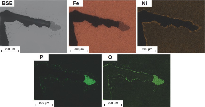 Figure 5 SEM-EDS element distribution of an area near the surface where the schreibersite oxidized.
Bild 5: REM-EDX Elementverteilung eines Bereichs nahe der Oberfläche, in dem Oxidation des Schreibersit stattfand.
