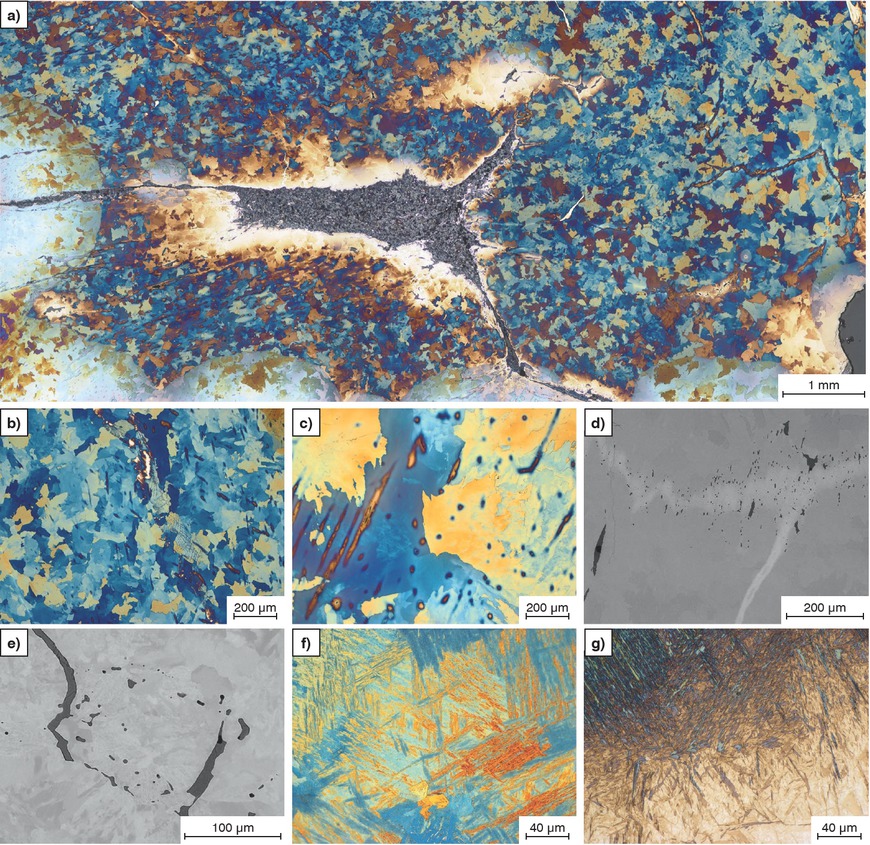 Figures 6a to g Microstructure of the forged meteorite. a) Overview; b) kamacite matrix; c) deformed schreibersite; d, e) deformed schreibersite and taenite; f) bainite; g) mainly martensitic microstructure with some bainite; a, b, c, f, g) Klemm etching, LOM; d, e) SEM.
Bilder 6 a bis g: Gefüge im geschmiedeten Meteoriten. a) Übersicht; b) Kamacit Matrix; c) Schreibersit verformt; d, e) Schreibersit und Taenit, verformt; f) Zwischenstufengefüge; g) überwiegend martensitisches Gefüge mit etwas Zwischenstufe; a, b, c, f, g) Klemm Ätzung, LOM; d, e) REM.
