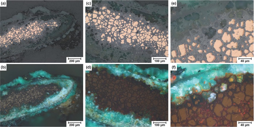 Figure 5a to f Details of the cutting surface above the shank in the LOM: (a, c, e) Bright field, (b, d, f) polarized light.
Bild 5a bis f: Details der Schnittfläche oberhalb der Öse im LOM: (a, c, e) Hellfeld, (b, d, f) polarisiertes Licht.